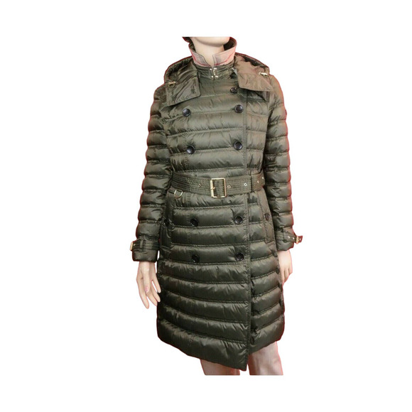 $1K BURBERRY CHESTERFORD GREEN HOODED BELTED QUILTED DOWN PARKA COAT JACKET L